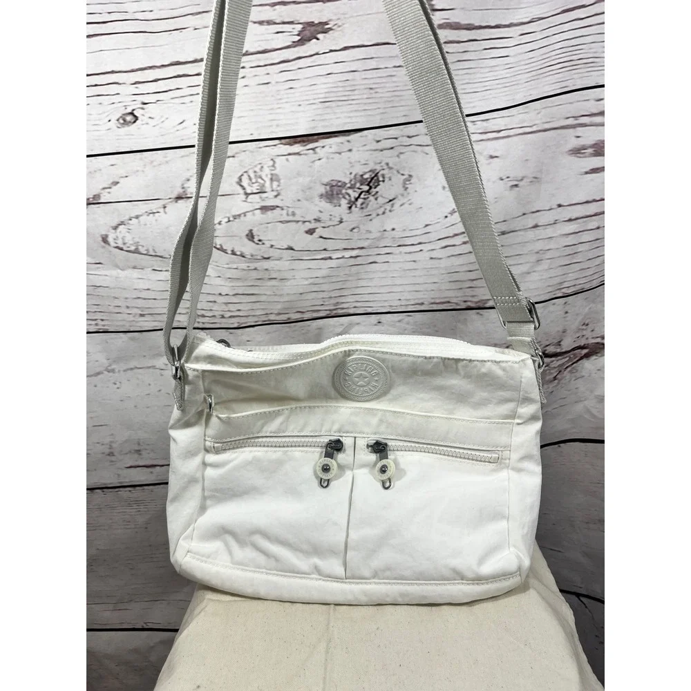 Kipling Crossbody‎ Bag White Nylon Adjustable Strap Zip Pockets